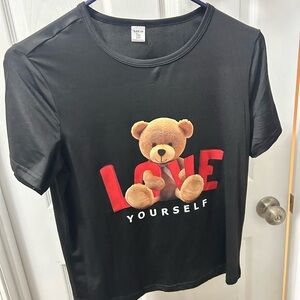 SHEIN Black Tee with Teddy Bear and Red Love Print